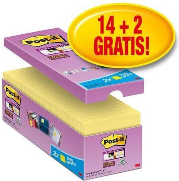 Værdipakke: Post-it® Super Sticky Notes, Canary Yellow™, 76 mm x 76 mm, 14 puder + 2 GRATIS