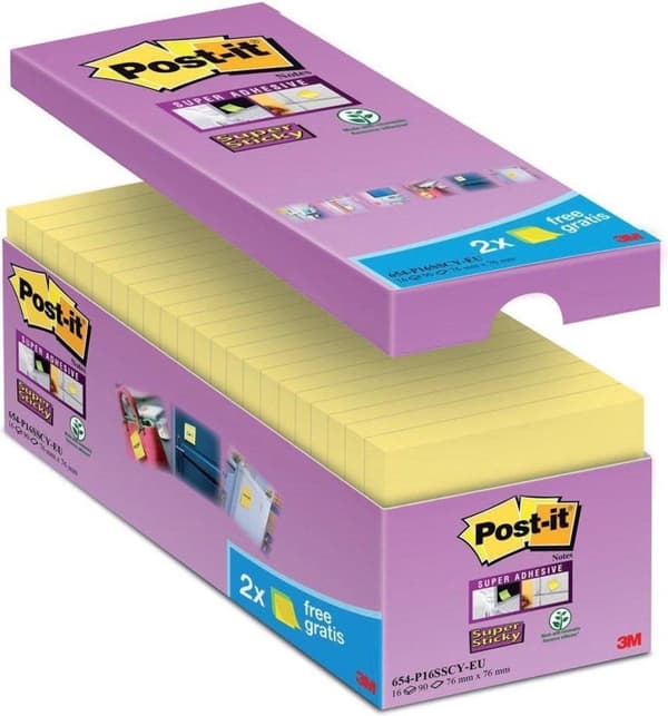 Värdepaket: Post-it® Super Sticky Notes, Canary Yellow™, 76 mm x 76 mm, 14 kuddar + 2 GRATIS