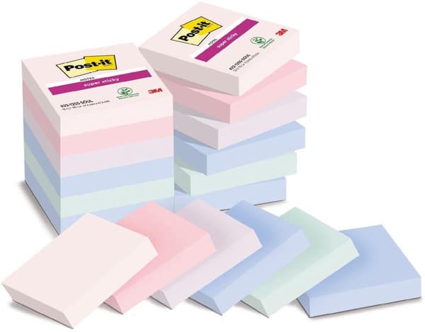 Post-it Super Sticky Notes Soulful, 90 ark, fot 47,6 x 47,6 mm, olika färger, paket med 12 kuddar