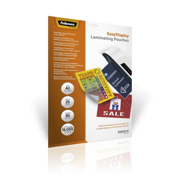Fellowes A3 EasyDisplay -liimautuvat 80 mikronin (2 x 80 mic) laminointipussit - 25 kappaleen pakkaus