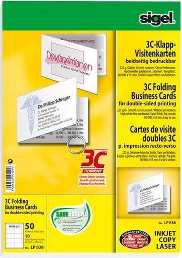 visitkort 3C Sigel dobbelt 2-sidet printbar 225gr SI-LP838