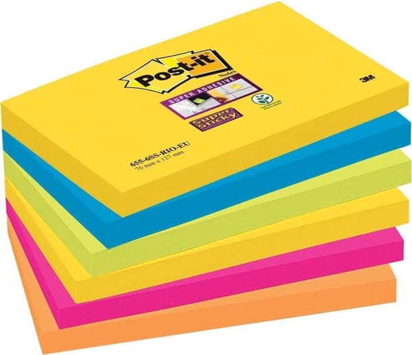 Post-it® Super Sticky Notes - Färguppsättning Rio, Neongult, Medelhavsblått, Neongrönt, Fuchsia, Neonorange - 6 block