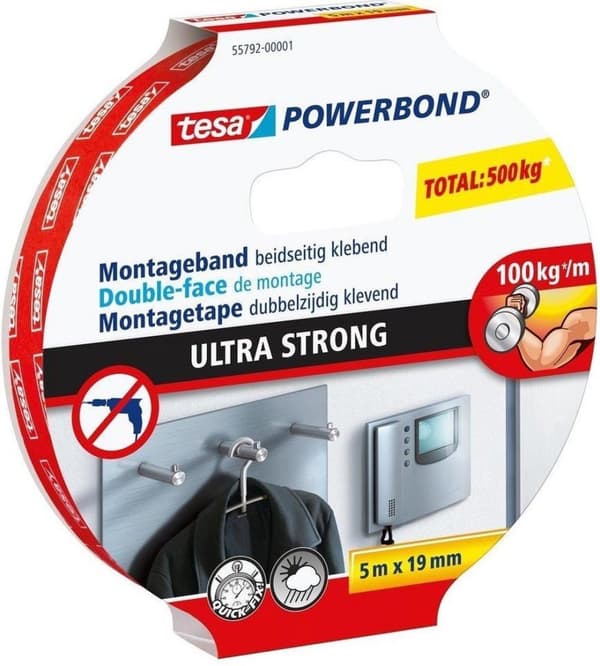 Tesa powerbond ultrastærk dobbeltsidet monteringstape - 5 mx 19 mm.