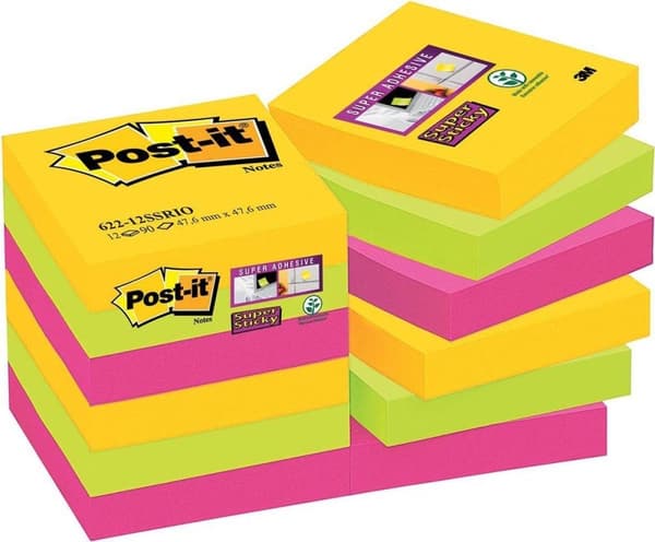 Post-it® Super Sticky Notes, Color Set Rio, Canary Yellow™, Neon Green, Fuchsia - 12 block