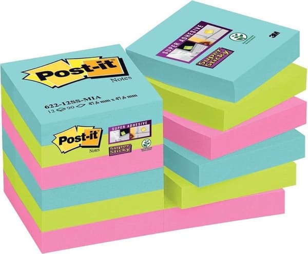 Post-it® Super Sticky Notes - Färguppsättning Miami, Aquawave, Neongrön, Neonrosa - 47,6 mm x 47,6 mm