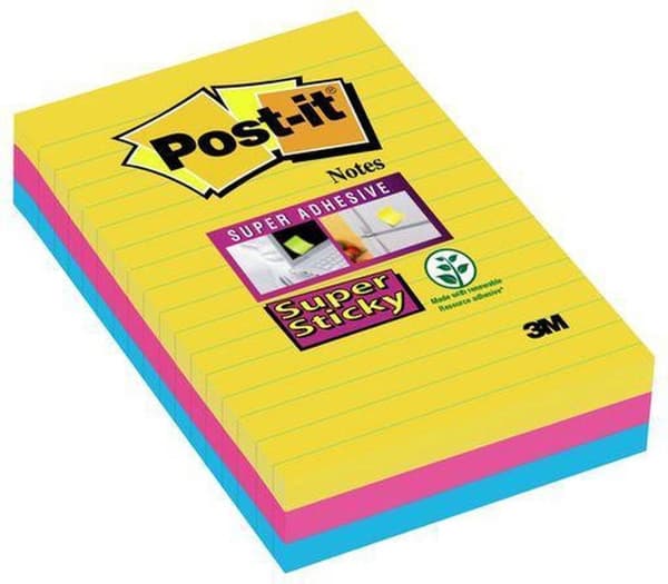 Post-it® Super Sticky Notes, Farvesæt Rio, Canary Yellow™, Middelhavsblå, Fuchsia - Foret - 3 blokke