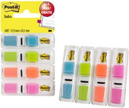 3M Post-it Index Sticky Notes, 11,9 x 43,2 mm, 4 x 35 markører i en praktisk dispenser med 4, 3 + 1 GRATIS - 1 stk (L1311)