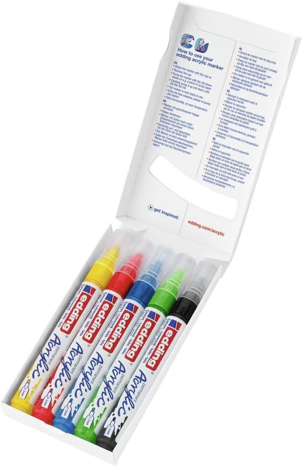 edding 5100 akrylmaling tuscher - 5 basisfarver akryl tuscher - rund spids, 2-3 mm - Vandfast blæk