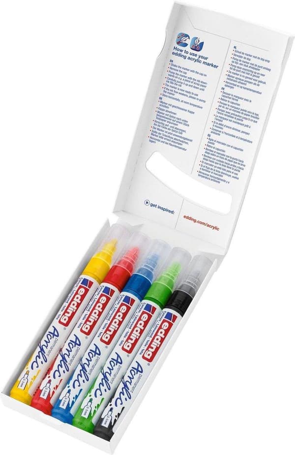 edding 5100 akrylmaling tuscher - 5 basisfarver akryl tuscher - rund spids, 2-3 mm - Vandfast blæk