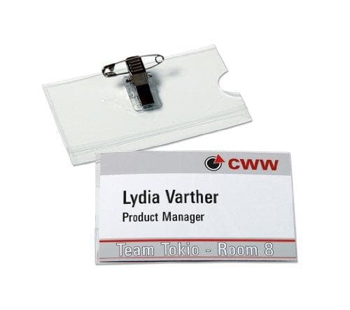AVERY navneskilt med kombiclips, 90 x 54 mm transparent, fremstillet af PVC-frit materiale, fastgørelse med stift - 1 stk (4820.FR)