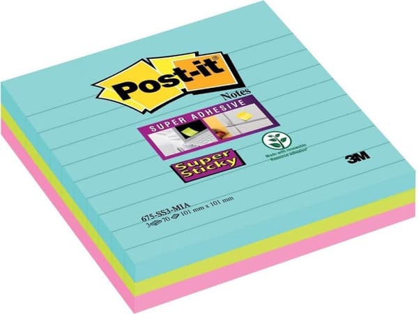 3M Post-it super klibbiga lappar fodrade Miami 101 x 101 mm (3-pack)