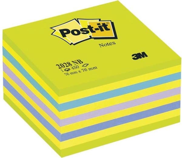 Post-it®-sedler, terning, neonblå/grøn, 76 x 76 mm, 450 ark/terning