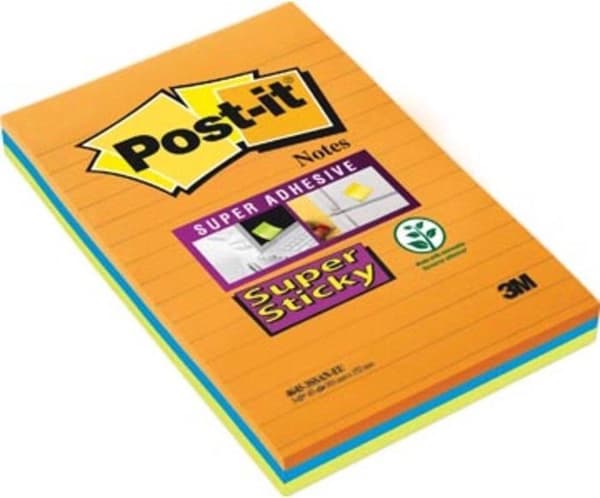 Post-it® Super Sticky Notes, orange, gul, blå, fodrad, 102 mm x 152 mm, 3 block, 45 ark/block