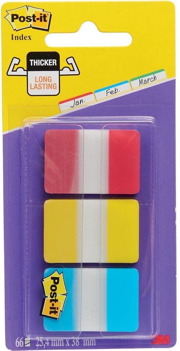 Post-it® Index stark, blå, röd, gul, 25,4 x 38 mm, 22 flikar/färg/dispenser