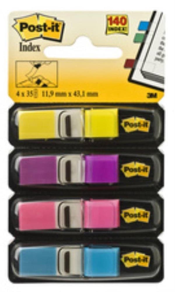 Post-it® Index kapea, vakio-annostelija, kirkkaan sininen, keltainen, vaaleanpunainen, violetti, 12 x 43 mm, 35 välilehteä/väri/annostelija