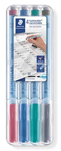 STAEDTLER Lumocolor korjattava ei-pysyvä tussi 305M, kotelo 4, viivan leveys: M (1,0 mm), luodin kärki, pyyhi kuivaksi (305M WP4)