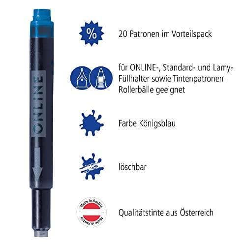 ONLINE 20x kompatibla LAMY patroner blå, universella bläckpatroner, för alla vanliga reservoarpennor, ersättningspatroner, raderbara, tvättbara, även