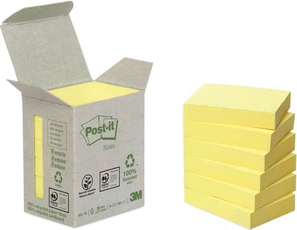Post-it-lappar återvunna, fot 38 x 51 mm, 100 ark, torn med 6 block, gul