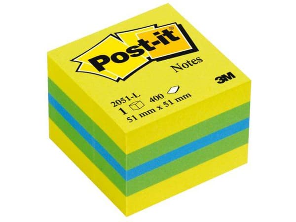 Post-it®-sedler, miniterning, neongul, grøn, blå, 51 x 51 mm, 400 ark/terning