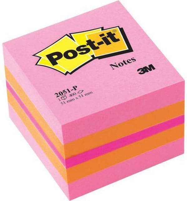 Post-it® Notes, Mini Cube, Neon Pink, Orange, Ultra Pink, 51 x 51 mm, 400 ark/terning