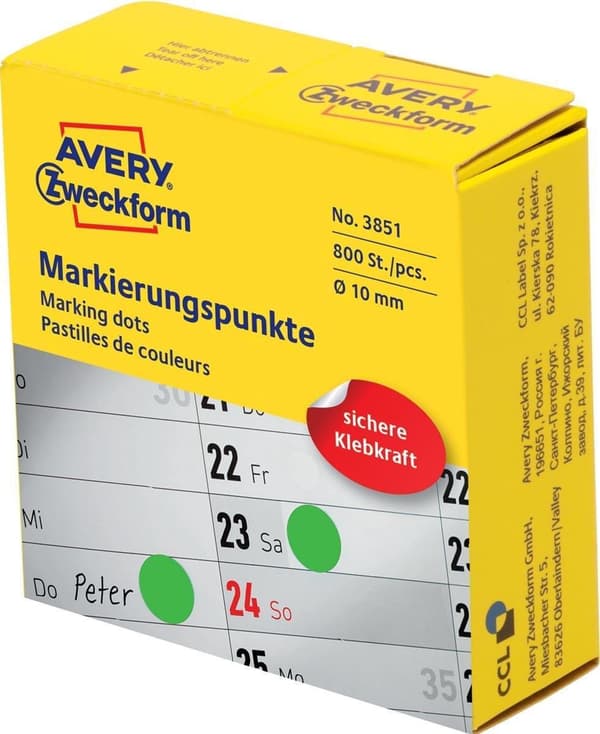 Avery markering prikker, diameter 10 mm, rulle med 800 stykker, grøn