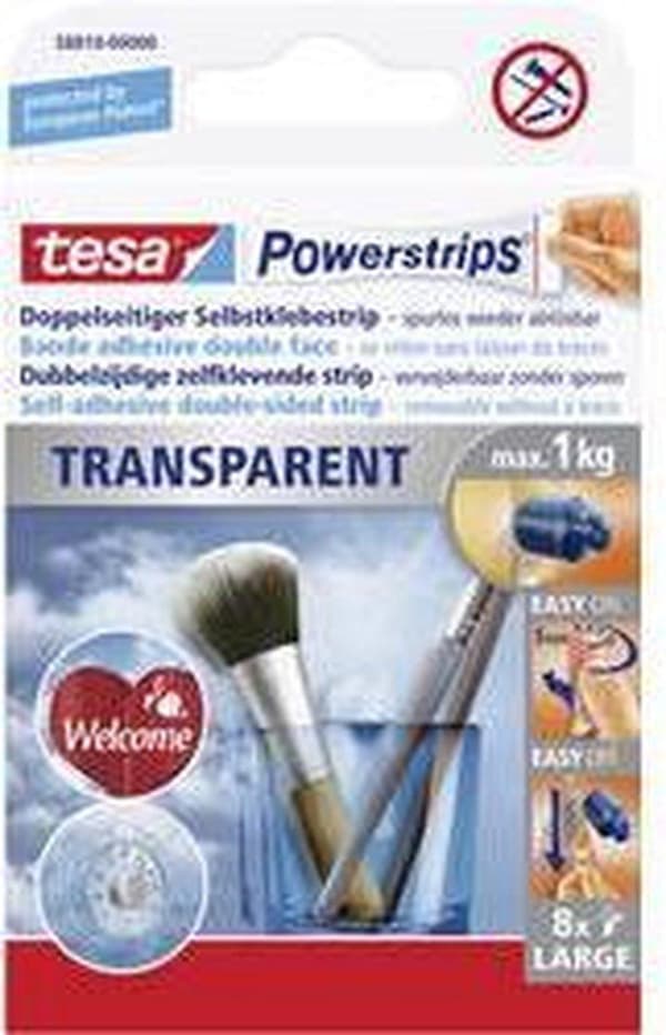 Tesa Powerstrips Transparent, bæreevne 1 kg, gennemsigtig, blister med 8 stk