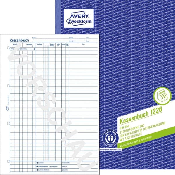Genbrugskassebog, A4, genbrugt, EDP-kompatibel, med blåt papir, 100 ark