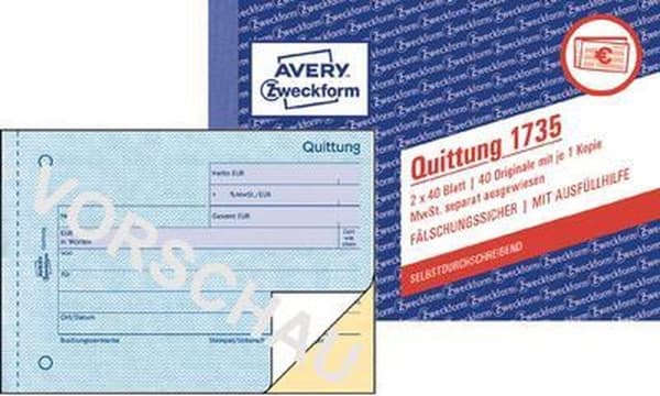 Avery-Zweckform 1736 Kvitteringsformular Din A6 Landskab Antal sider: 40 Hvid 80 ark