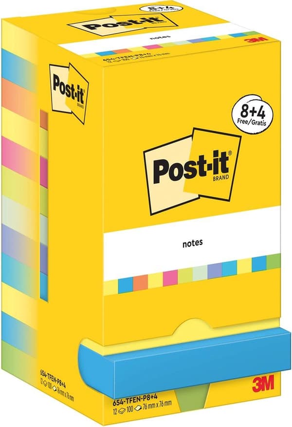 Post-It 654-TFEN-P8+4 Tarralaput Neliö Sininen - Vihreä - Oranssi - Vaaleanpunainen - Keltainen 100 arkkia itseliimautuva (654-TFEN-P8+4)