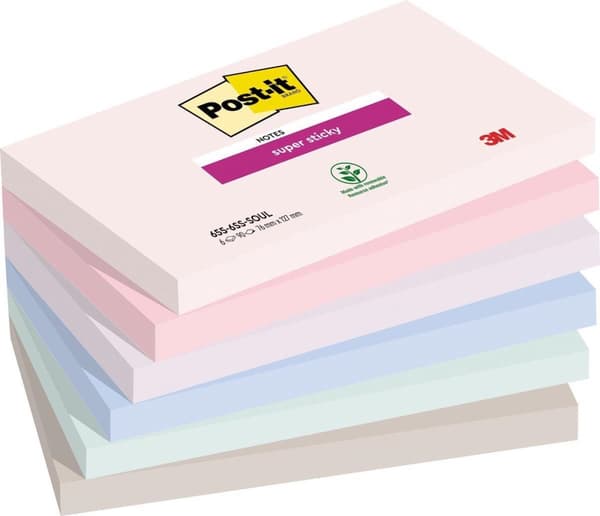 Post-it Super Sticky muistilaput Soulful, 90 veliä, jalkaa 76 x 127 mm, geassorterde kleuren, 6 kappaleen pakkaus