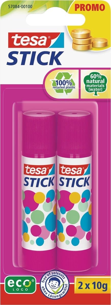 tesa® Glue Stick Promo, 2x10g, rosa + blå, perfekt för papper, kartong och foton.