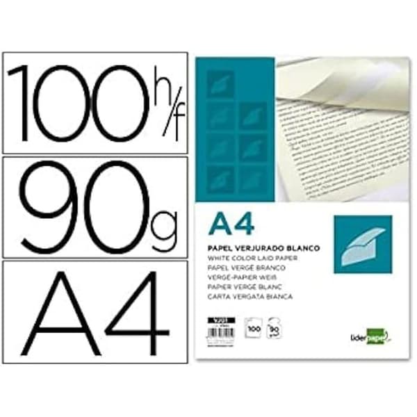Papier Vergé A4 90g/m2 Filigrané Haute Gamme - LIDERPAPEL - Lot de 100 - Vit.