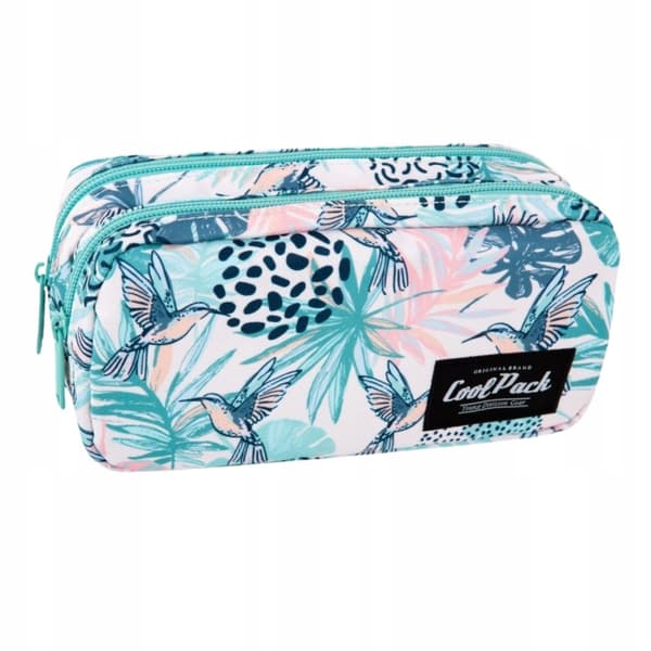 Penalhus pose 2 lynlåse Primo Thai hvid med blade blomster og fugle Patio Coolpack