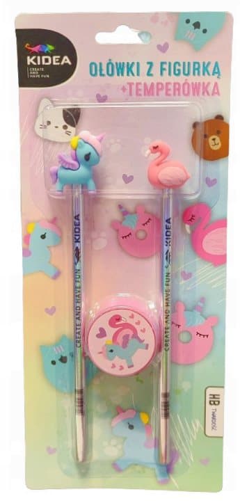 Sæt med 2 blyanter med en figur og en spidser Unicorn og Flamingo blister Kidea