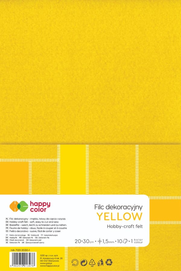 Dekorativ filt gul 10 ark 1,5mm 20x30cm Happy Color