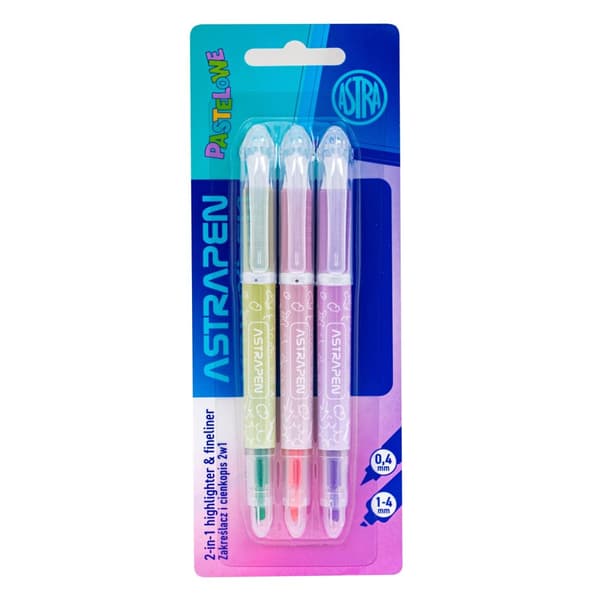 Highlighter og fineliner Astrapen 2i1 pastel blister 3 stk Astra