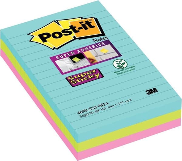 Post-it® Super Tarralaput - Värisetti Miami, Aquawave, Neon Green, Neon Rose - Vuorattu - 3 palikkaa