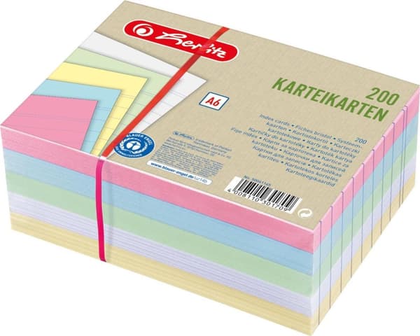 Herlitz kartotekskort A6 foret assorterede farver 4 farver plus hvid Blue Angel 200s (50041145)