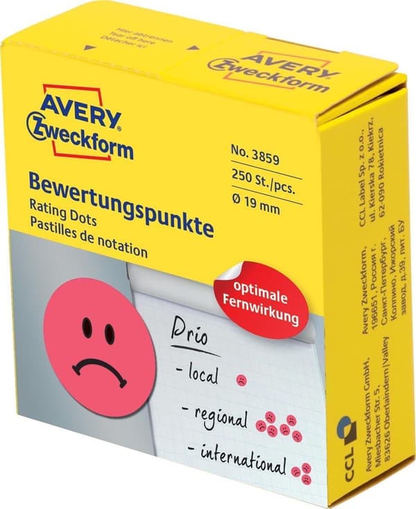 Avery ratingprickar, diameter 19 mm, rulle med 250 bitar, smiley, röd
