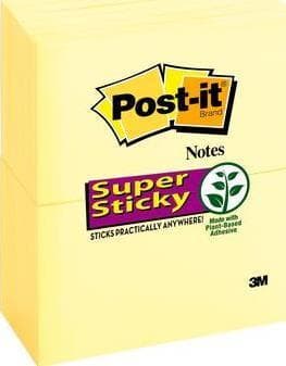 Post-It Super Sticky Notes - 7,60 cm (3") x 12,70 cm (5") - Kanariankeltainen - 12 tyynyä/pakkaus Keltainen 90 arkkia itseliimautuva (655-12SSCY)
