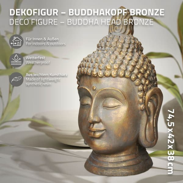 ECD Germany Buddha hoved statue 74,5 cm - lavet af polyresin - bronze look - til yoga, feng shui eller meditationsværelse - hus, lejlighed og have -
