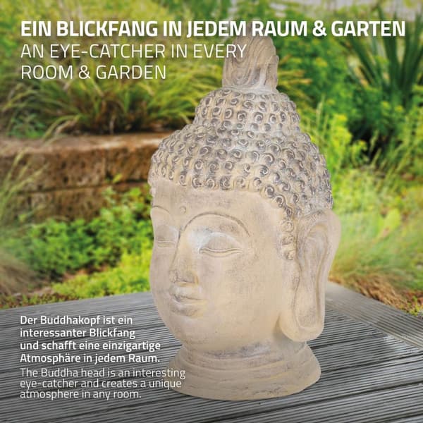 ECD-Germany Buddhan pää patsas veistos Dekofigur Feng Shui kivi Polyresin 78cm beige/harmaa kivi kuvio koristamaan Gartenfigur Aasian koristeellinen