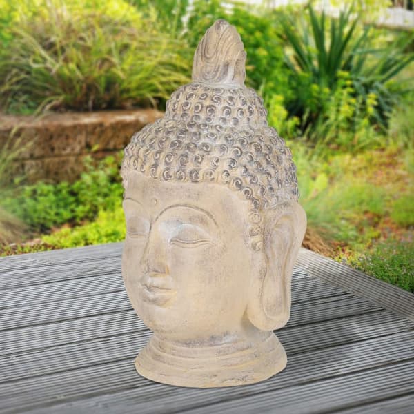 ECD-Germany Buddhan pää patsas veistos Dekofigur Feng Shui kivi Polyresin 78cm beige/harmaa kivi kuvio koristamaan Gartenfigur Aasian koristeellinen