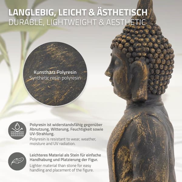 ECD-Germany Buddhan pää patsas istuu veistos Dekofigur Feng Shui kivi Polyresin 48 cm pronssi Pronssi optiikka Stone Kuva koristelu