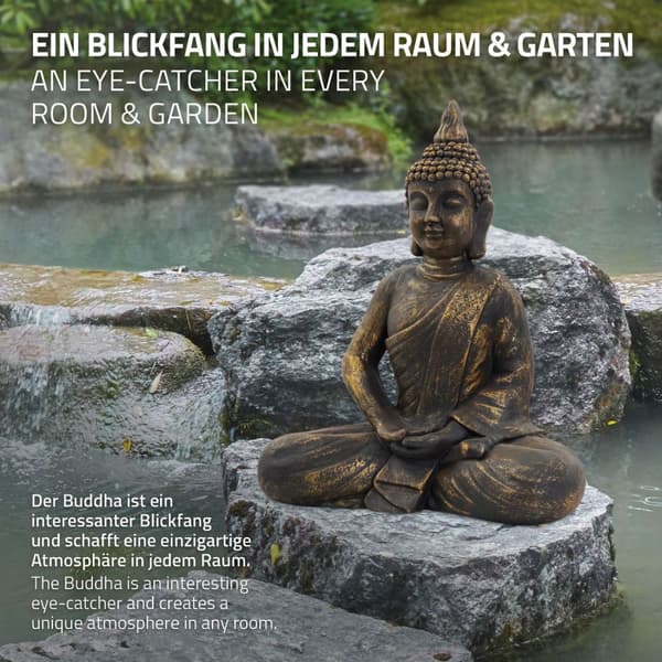 ECD-Germany Buddhan pää patsas istuu veistos Dekofigur Feng Shui kivi Polyresin 48 cm pronssi Pronssi optiikka Stone Kuva koristelu