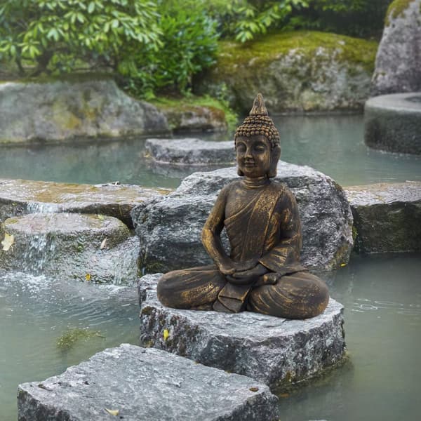 ECD-Germany Buddhan pää patsas istuu veistos Dekofigur Feng Shui kivi Polyresin 48 cm pronssi Pronssi optiikka Stone Kuva koristelu