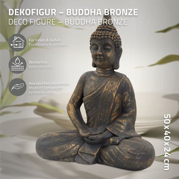 ECD-Germany Buddhan pää patsas istuu veistos Dekofigur Feng Shui kivi Polyresin 48 cm pronssi Pronssi optiikka Stone Kuva koristelu