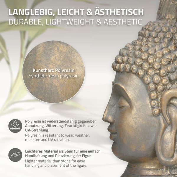 ECD Germany Buddha hoved statue 53 cm - lavet af polyresin - bronze look - til yoga, Feng Shui eller meditationsværelse - hus, lejlighed og have -
