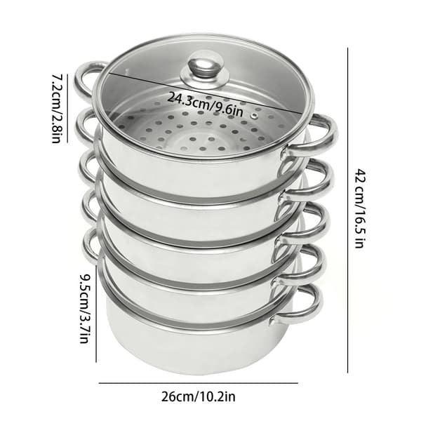Rostfritt Stål Ångkokare, 26 cm Diameter, 5-Lagers Design,Ljusgrå