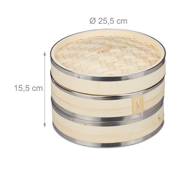 Relaxdays Ångkokare i bambu, 2 nivåer, metalringar, asiatisk korg, ris, dimsum, grönsaker, Ø 24 cm, natur